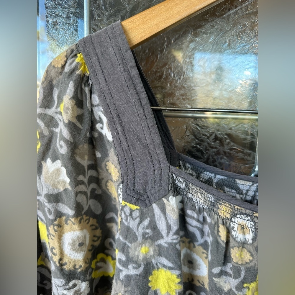 Medium Gray Boho Floral Baggy 100% Cotton Keyhole Smock Neck 3/4 Sleeve Blouse - Picture 3 of 7